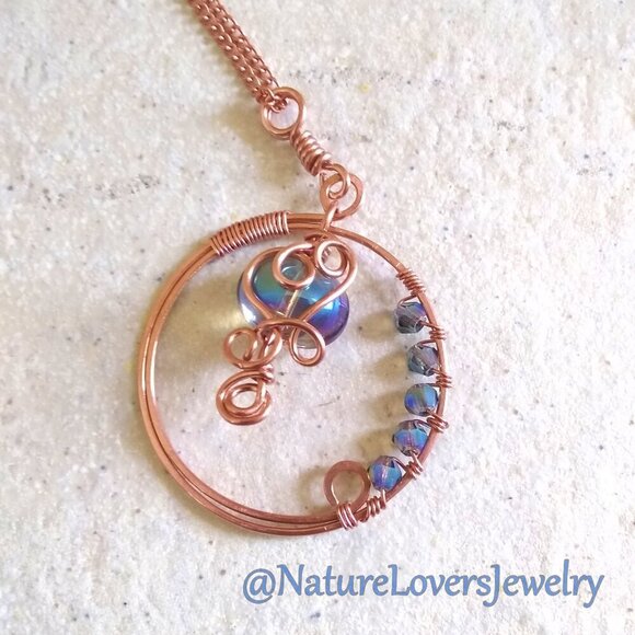 Handmade! Embellished Copper Circle Elemental Pendant + Chain! Flirty & Feminine - Picture 5 of 10